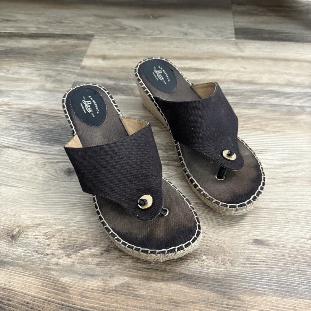 G.H. Bass & Co Black Canvas Espadrille Wedge Thong Sandals Women’s Size 9M